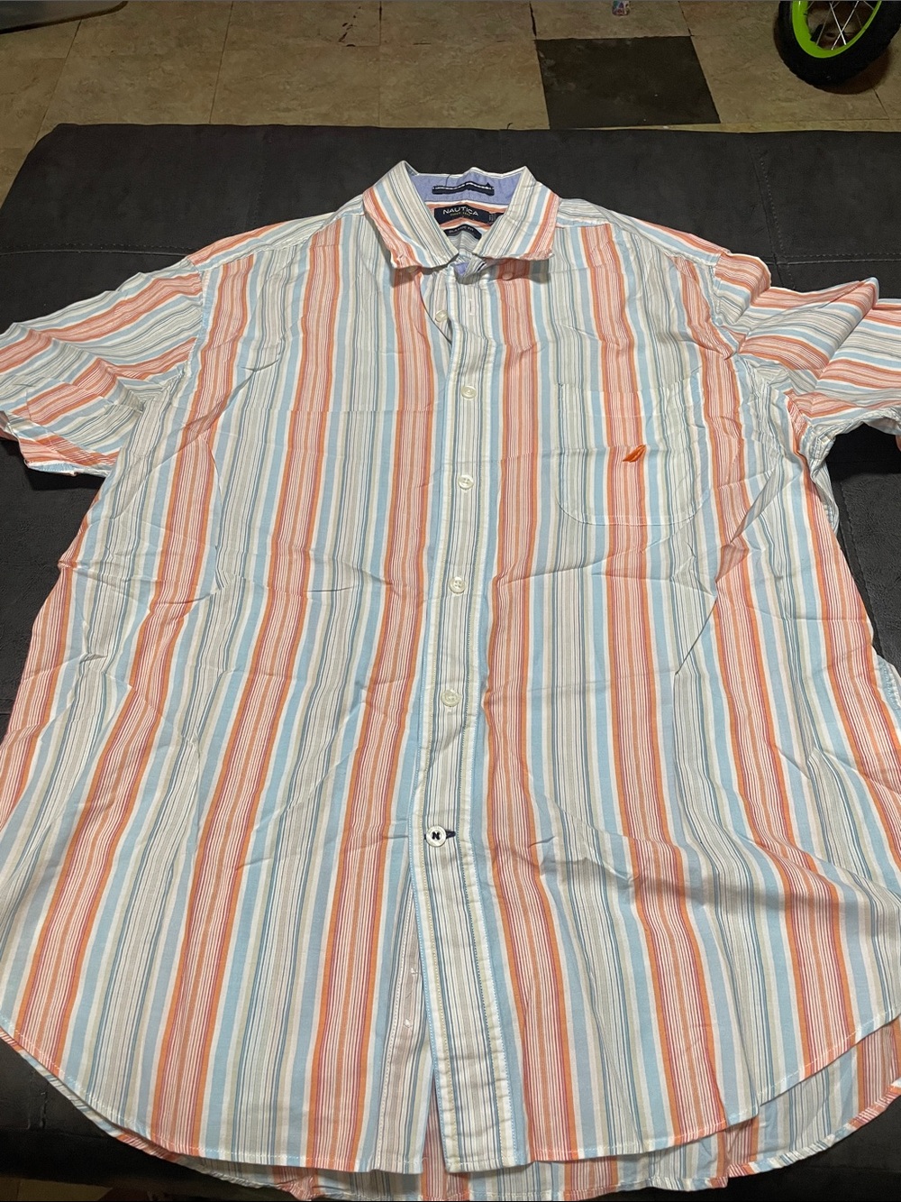 Nautica Coral & Light Blue Striped Short-Sleeve Button-Up Shirt